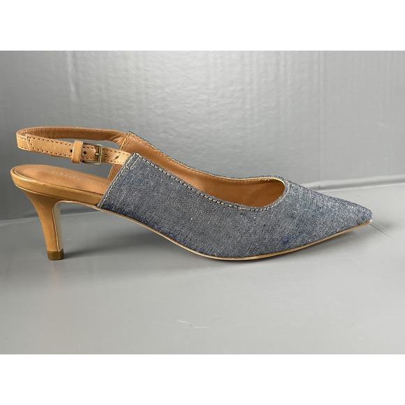 Cinq a Sept Shoes Womens Size 37 Blue Denim Slingback Pointed Toe Kitten Heels - Picture 11 of 14